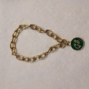 Girl Scout gold tone bracelet with green enamel GS charm